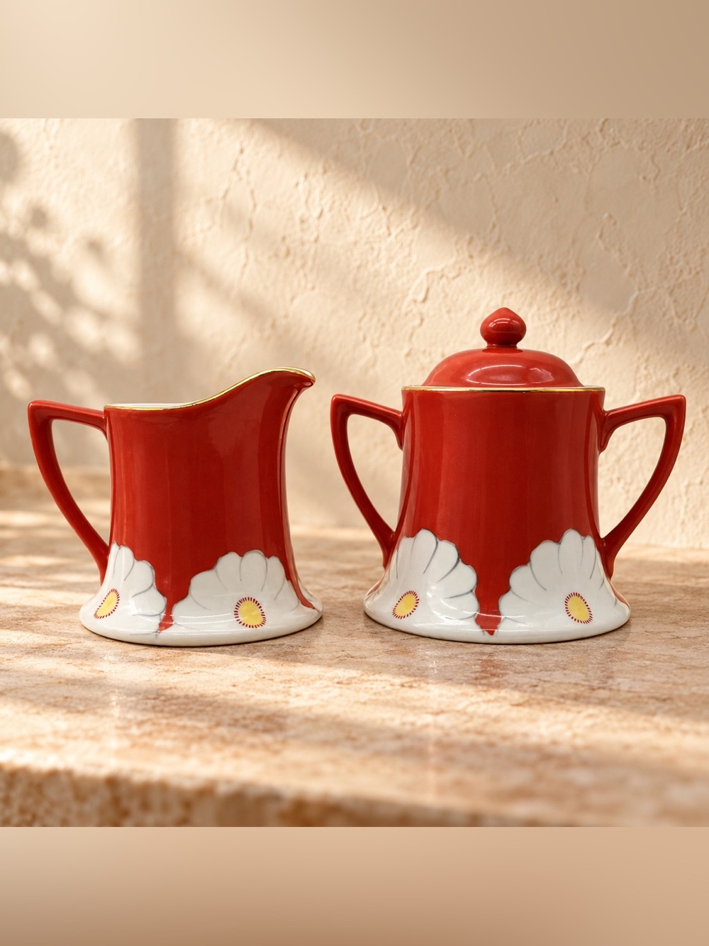Vintage Anthropologie Grace Sugar & Creamer Set Red Floral Daisy Ceramic 🌼